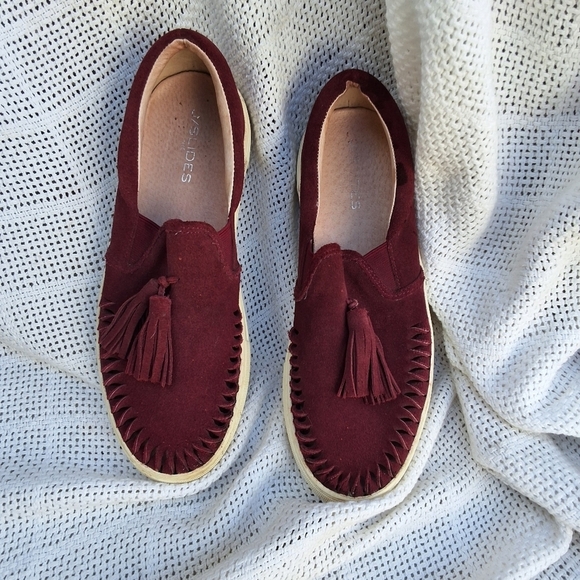 J.J. Slides Wine Suede Tassel Slip On Sneakers Womens Size 10 Boho Fringe - Picture 8 of 10